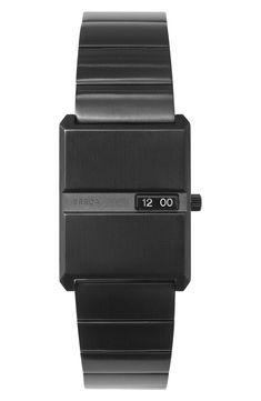 This brushed stainless steel watch features a rectangular case and slim numerical display set on a tapered bracelet. 26mm case; 20mm band width Self-adjustable bracelet with removable links Deployant clasp closure Quartz movement Stainless steel with black plate Imported Black Plates, Brushed Stainless Steel, Steel Watch, Stainless Steel Watch, Adjustable Bracelet, Quartz Movement, Bracelet Watch, Nordstrom, Stainless Steel