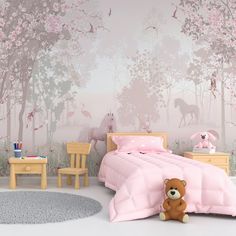 a child's bedroom with pink bedding and wallpaper, including a teddy bear sitting on the floor