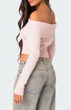 This cool cropped top is knit in a shoulder-baring silhouette with a fold-over ribbed neckline. Off-the-shoulder neck Long sleeves 50% polyester, 50% rayon Machine wash, dry flat Imported Trendy Pink Fitted Cropped Sweater, Trendy Fitted Pink Cropped Sweater, Fitted Pink Cropped Sweater, Winter Cropped Pink Sweater, Pink Stretch Off-shoulder Crop Top, Pink Cropped Crop Top For Fall, Pink Fitted Cropped Sweater, Pink Long Sleeve Crop Top For Winter, Pink Fitted Cropped Knit Top