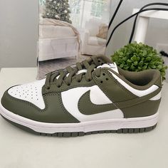 Brand New Women Size 6.5 Men Size 5 Nike Custom Sneakers With Cushioned Footbed And White Sole, Nike Sneakers With Branded Heel Counter And Round Toe, Nike Dunk Low Olive, Nike Dunk Low Medium Olive, Green Dunks, Cute Nike Outfits, Athletic Shoes Nike, Dunks Nike, Nike Green