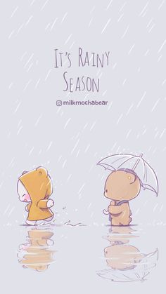 two cartoon bears standing in the rain with an umbrella