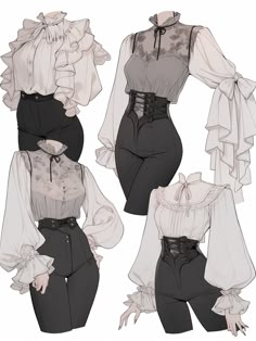 three different views of a woman's outfit with long sleeves and ruffles