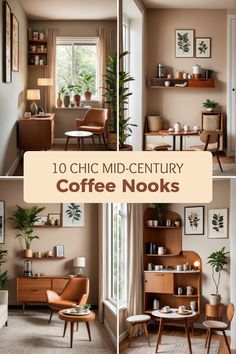 Explore 4 unique pin images showcasing chic mid-century modern coffee nooks. Each pin illustrates cozy layouts featuring stylish decor, organic forms, inviting plants, and warm wooden tones capable of transforming your coffee break into a delightful retreat.