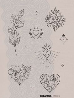 some flowers and hearts are drawn in black ink on a white paper with the words roxarosa tattoo