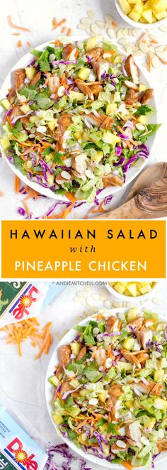 hawaiian salad with pineapple chicken in a white bowl