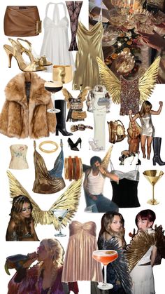 the collage shows many different types of clothing and accessories, including dresses, shoes, hats, and jewelry