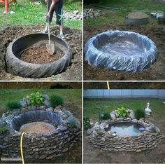 four pictures showing how to build an outdoor fire pit in the ground and around it