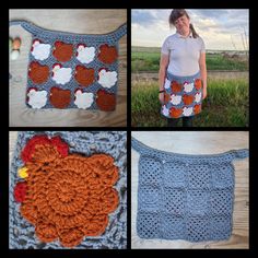 crocheted items are shown in four different pictures, including an orange and white turkey