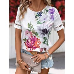 Season:Summer; Fabric:Polyester; Sleeve Length:Short Sleeve; Look After Me:Machine wash,Washable,Wet and Dry Cleaning; Gender:Women's; Style:Fashion; Elasticity:Micro-elastic; Tops Type:T shirt Tee; Occasion:Daily,Weekend; Top Length:Regular; Fit Type:Regular Fit; Pattern:Floral,Striped; Design:Lace,Print; Neckline:Crew Neck; Brand:Shall We; Listing Date:04/19/2024; Bust:null; Length:null; Sleeve:null; Fit US Size:null; Fit UK Size:null; Fit EU Size:null; Print Type:3D Print Weekend Fashion, Lace Print, Weekend Style, Floral Stripe, White Summer, Pattern Floral, Summer 2024, Tshirts Online, 3d Print