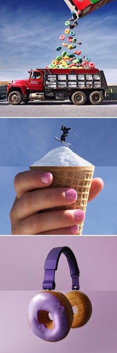 three different pictures with donuts and an ice cream cone