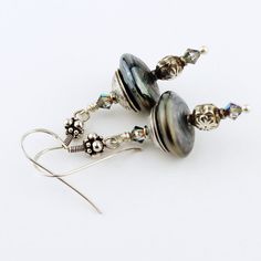 Lampwork  Earrings  Sterling Silver  Metallic Black  Beaded Adjustable Silver Beaded Earrings With Czech Glass, Silver Beaded Earrings With Czech Glass, Adjustable Silver Crystal Earrings With Czech Glass, Silver Czech Glass Crystal Earrings With Ear Wire, Silver Wire Wrapped Czech Glass Beaded Earrings, Silver Beaded Czech Glass Earrings, Adjustable Silver Czech Glass Crystal Earrings, Multicolor Dangling Beads Sterling Silver Earrings, Elegant Black Czech Glass Earrings