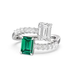 An alternative sparkler for the woman who wants something extremely romantic yet a bit out of the ordinary. This two-stone "toi et moi" engagement ring symbolizes the meeting of two individuals. The band does not form a closed circle and instead splits and coils. Each end is punctuated by an emerald-cut diamond and Created Emerald, accentuated by a short row of princess-cut diamonds. Gorgeous Engagement Ring, Now And Forever, Emerald Gemstone, Emerald Cut Diamonds, Princess Cut Diamonds, Love Symbols, Coils, Lab Diamonds, Diamond Earrings Studs