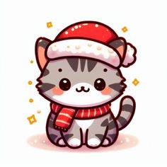 a cartoon cat wearing a santa hat and scarf with stars around it's neck