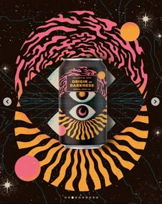 a can of beer with an eye in the middle and stars around it on a black background