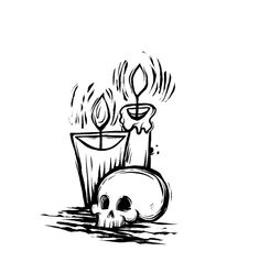 a black and white drawing of a skull next to a candle