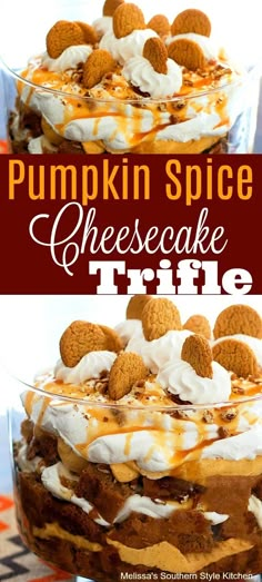 pumpkin spice cheesecake trifle in a glass dish