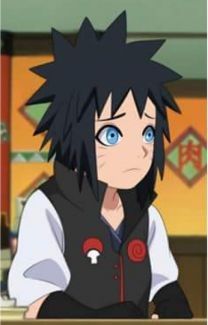 an anime character with black hair and blue eyes sitting in front of a counter top