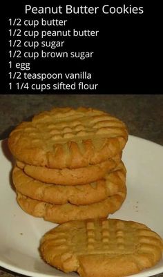 three peanut butter cookies on a white plate with instructions for how to make them in the microwave