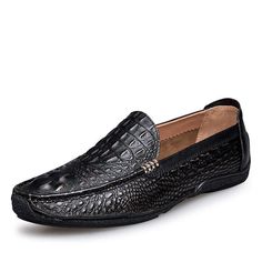 Luxury Alligator Texture Genuine Leather Slip On Shoes for men - wanahavit - wanahavit Loafers Dress, Dress Flats, Leather Slip On Shoes, Men Loafers, Casual Loafers, Mens Oxfords, Mens Fashion Shoes, Black Slip Ons, Leather Slip Ons