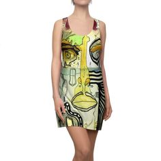 Trippy Mini Racerback Dress Unique Crazy Trendy Fashion artwork on a really comfortable racerback dress.  The original artwork is titled "Half Full" ➤ Fav my shop if you like this. Etsy will notify you when i post new work 🙌 More Details: ➤ C.Cambrea Artwork on both sides ➤ 100% Polyester ➤ Light fabric (6.0 oz/yd² (170 g/m ➤ White seam thread ➤ Sporty fit ➤ Tagless ➤ Runs true to size (XS - 2Xl) ➤ No up charge for larger sizes ➤ Assembled in the USA from globally sourced parts ➤ FREE Shipping! Green Sleeveless Dress With Graphic Print, Green Sleeveless Graphic Print Dress, Sleeveless Green Dress With Graphic Print, Artistic Multicolor Sleeveless Dress, Fashion Artwork, Rehoboth Beach, Ladies Accessories, Eye Print, Dress Unique