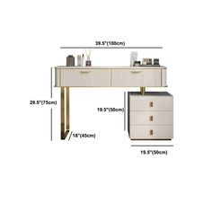 an image of a desk with drawers and side tables in white and gold color scheme