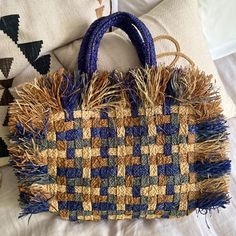 Brand: Made For Women Brand New, No Tags, Global Artisan Made Boho Fringed Straw Raffia Bag. Inside Pocket As Shown. This Bag Can Hold A Lot And Weighs Nothing Blue Straw Summer Bag, Summer Blue Straw Bag, Blue Bohemian Straw Bag, Blue Straw Tote Bag, Blue Handwoven Straw Bag For Beach Season, Handwoven Blue Straw Bag For The Beach, Summer Beige Bag With Weaving Detail, Chic Blue Handwoven Straw Bag, Summer Beige Woven Bag