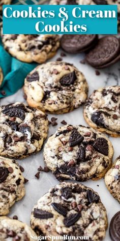 chocolate chip cookies and cream cookies on a baking sheet with text overlay that says cookies and cream cookies