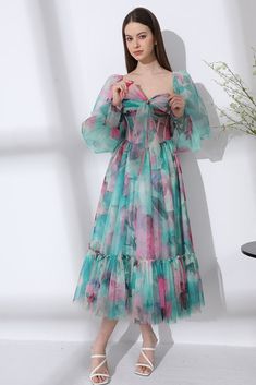 Corset Long Sleeves Watercolor Print Tulle Dress