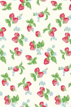 a white background with red strawberries and blue flowers on it's side,