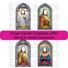 four images of jesus and mary with the text prayer candle templates up set of 4 instant