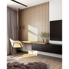 a living room with a large screen tv on the wall and wooden slats behind it