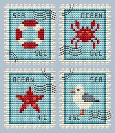 four cross stitch pictures with sea animals on them