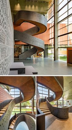 the inside and outside of a building with spiral staircases in different stages of construction