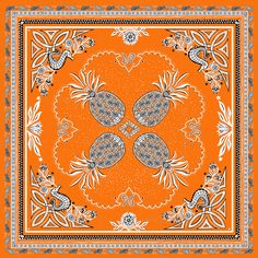 an orange and black square scarf with paisley designs on it's edges, in the middle