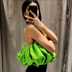 Zara Voluminous Top Limited Edition Green Tops For A Night Out In Spring, Chic Green Tops For Evening, Green Evening Tops For Spring, Green Summer Party Tops, Green Stretch Tops For Evening, Green Summer Evening Tops, Summer Evening Green Tops, Trendy Green Evening Top, White Ruffle Blouse