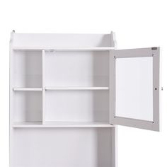 an open white bookcase with shelves on both sides and one section missing from the wall