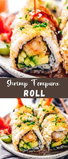 sushi rolls with shrimp, cucumber and avocado on top