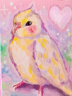 a painting of a yellow and white bird on a pink background with hearts in the background