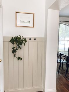 there is a potted plant on the wall next to the door in this room