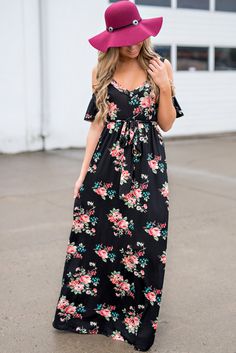 Black Cold Shoulder High Waist Floral Dress with Belt Black Floral Print Maxi Dress For Summer, Black Short Sleeve Maxi Dress For Spring, Casual Black Maxi Dress For Day Out, Flowy Black Summer Maxi Dress, Flowy Black Maxi Dress For Summer, Black Flowy Maxi Dress For Summer, Black Maxi Dress For Fall Day Out, Fall Black Maxi Dress For Day Out, Casual Black Maxi Dress For Spring