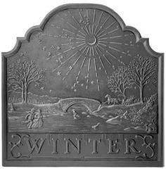 a metal plaque with the words winter written in black and white, on a white background