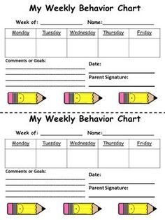 a printable behavior chart with pencils on the side and words that say, my weekly