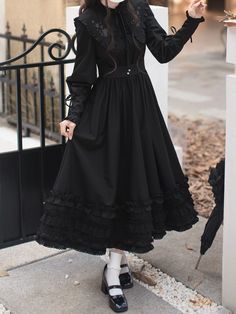 The price is for a dress only, the black waist belt is not included.  Garment Size   	 		 			Size 			S 			M 			L 			XL 		 		 			Shoulders 			35 			36 			37 			38 		 		 			Bust 			84 			88 			92 			96 		 		 			Sleeve Length 			64 			65 			66 			67 		 		 			Waist 			68 			72 			76 			80 		 		 			Full Length 			118 			120 			122 			124 Goth Dresses Aesthetic, Black Tea Party Dress, How To Describe Dresses, Long Black Gothic Dress, 19th Century Gothic Fashion, Black Concert Dress Orchestra, Black Long Sleeve Gothic Midi Dress, Black Long Sleeve Vintage Dress For Formal Occasions, Black Midi Dress For Costume Party