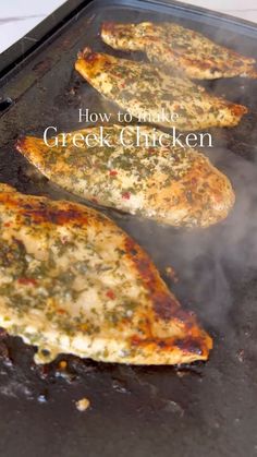 three pieces of chicken cooking on a grill with the words how to cook greek chicken