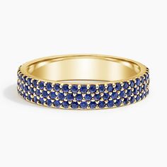 Ballad Multi Row Sapphire Ring - 18K Yellow Gold. Three rows create a sapphire studded statement in this eye-catching, edgy, maximalist design. Sapphire Emerald Ring, Sapphire Baguette Ring, Edgy Wedding Rings, Wedding Bands Diamond, Sapphire Ring Stack, Unique Wedding Ring Stack, Diamond Bar Bracelet, Blue Nile Jewelry, Blue Sapphire Wedding Band