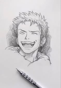 a pencil drawing of a guy smiling with his eyes closed and hair in the air