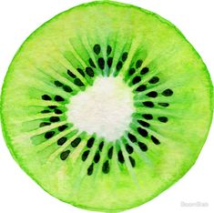 a cut in half kiwi fruit with black seeds on it's center and white background