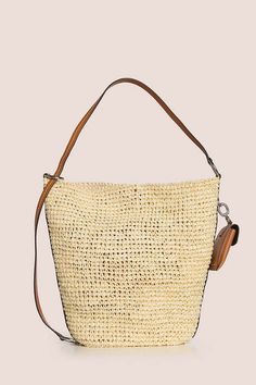 This bag has an interwoven design features a leather adjustable shoulder strap a leather removable pouch and a magnetic fastening.    raffia 100%    made in italy Natural Straw Shoulder Bag With Removable Pouch, Modern Leather Bucket Straw Bag, Modern Leather Straw Bucket Bag, Chic Woven Leather Straw Bag With Top Handle, Summer Everyday Shoulder Bag With Intrecciato Weave, Luxury Woven Leather Shoulder Bag For Vacation, Natural Straw Satchel With Removable Pouch, Elegant Straw Shoulder Bag With Adjustable Strap, Summer Intrecciato Weave Shoulder Bag For Everyday Use