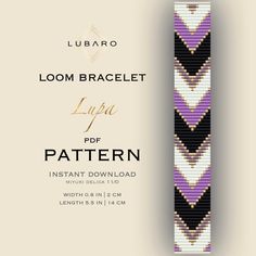 the loom bracelet pattern is shown in black, white and purple stripes with gold lettering