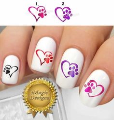 Acrylic Nails Dog Paws, Valentine Nails Design, Paw Print Nails, Dog Nail Art, Animal Print Nail Art, Paw Nails, Nail Tattoos, Deco Nails, Cat Nail Art